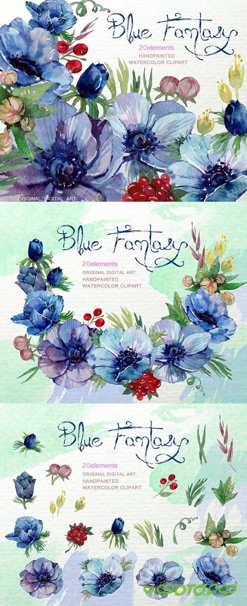 Watercolor Blue Anemone ClipArt F-23 - 964353