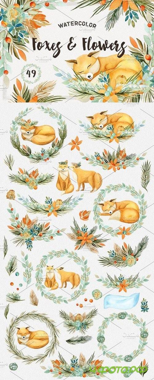 Watercolor Foxes & Flowers 1021378