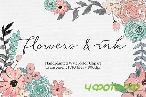 Watercolor & Ink Floral Clipart Set - 327157 Watercolor & Ink Floral Clipart Set - 327157