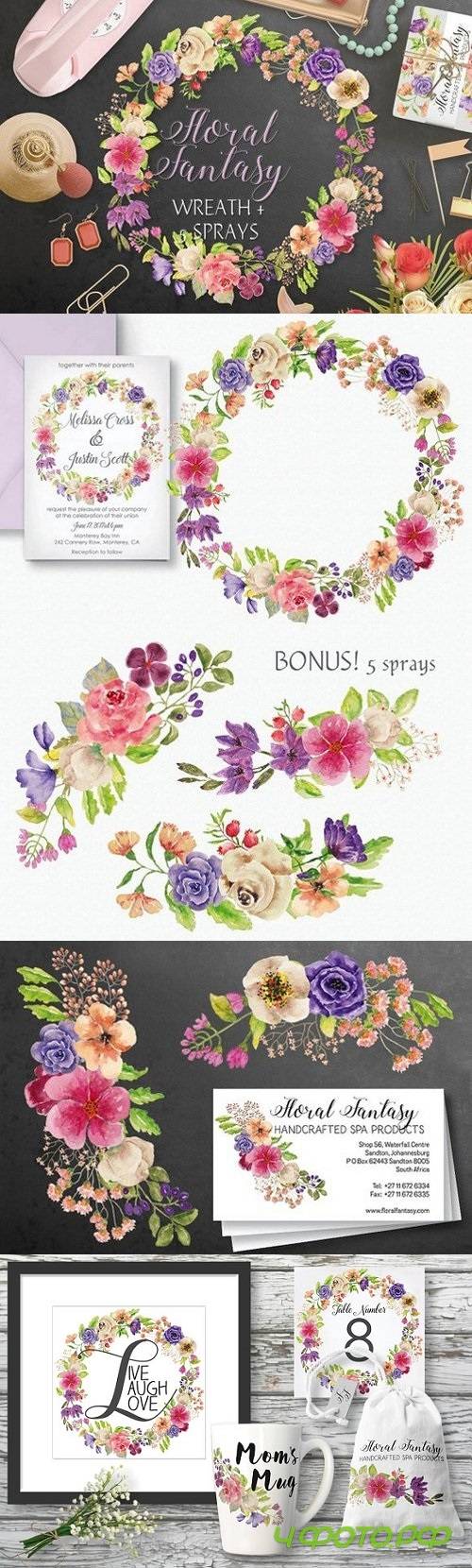 Watercolor wreath of mixed florals 1481621