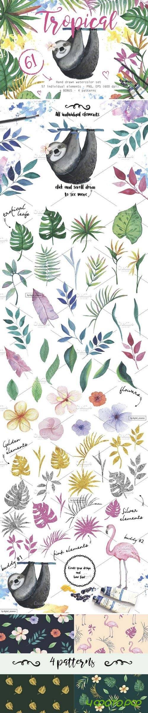 61 Tropical watercolor set elements 1622787