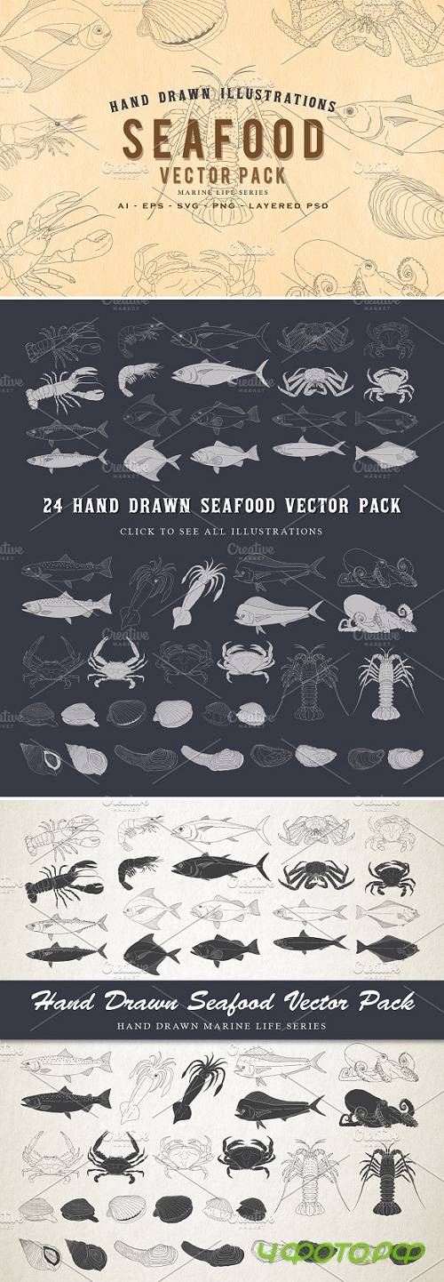 24 Hand Drawn Seafood Vector Set 2316604