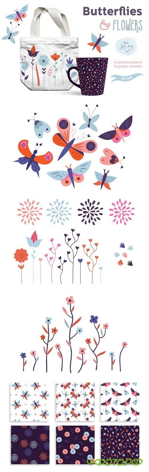Butterflies and flowers vector set 2369667