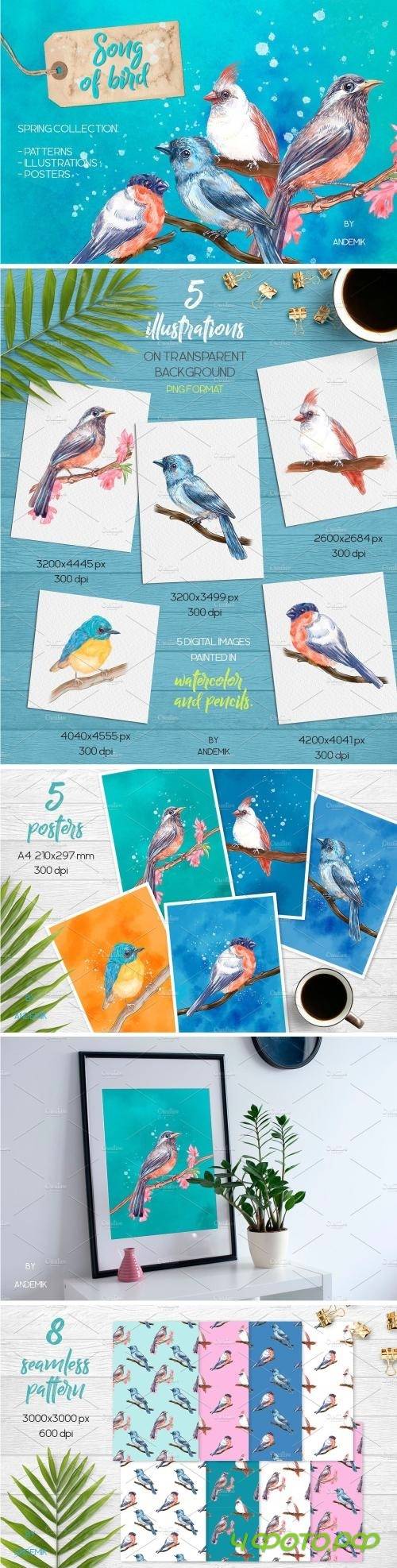Song of Bird. Watercolor Clipart - 2337729