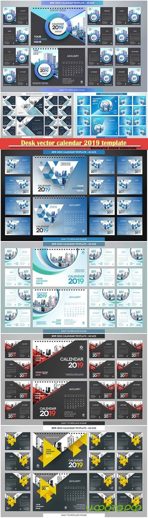 Desk vector calendar 2019 template, 12 months included