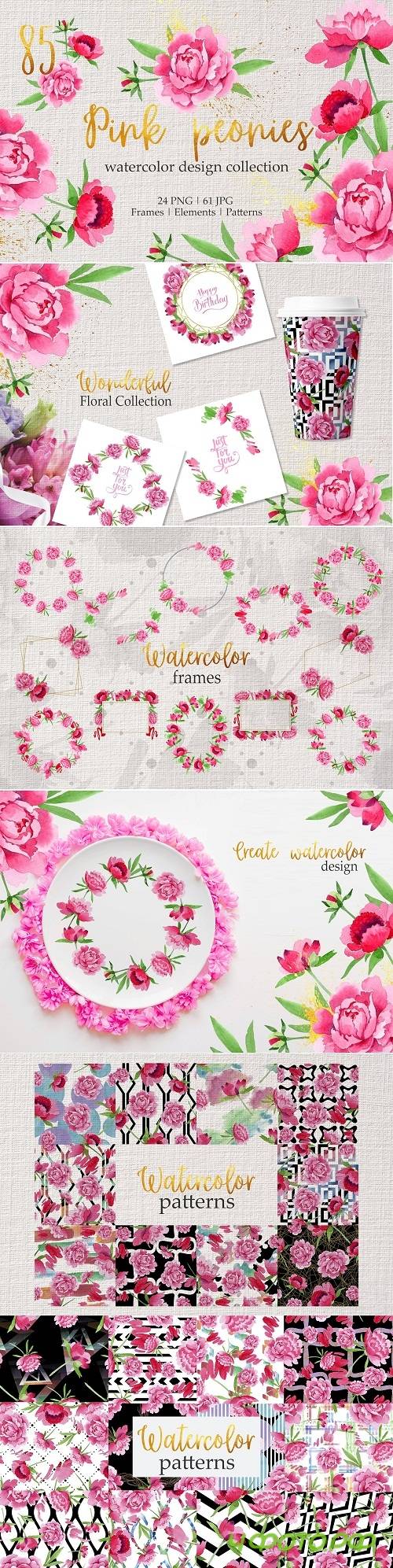 Pink peonies Watercolor png - 3380723