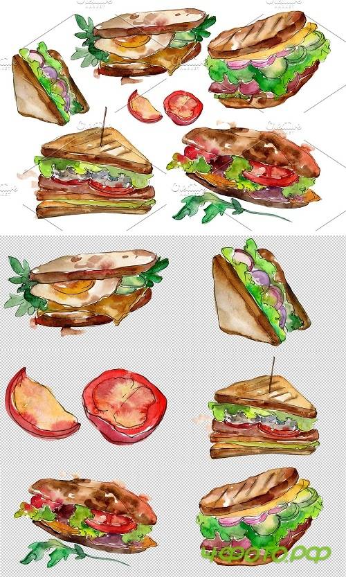 Tasty sandwich PNG watercolor set - 3103975
