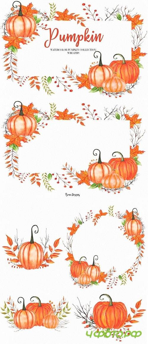 Watercolor Pumpkin Wreath Clipart - 2199992