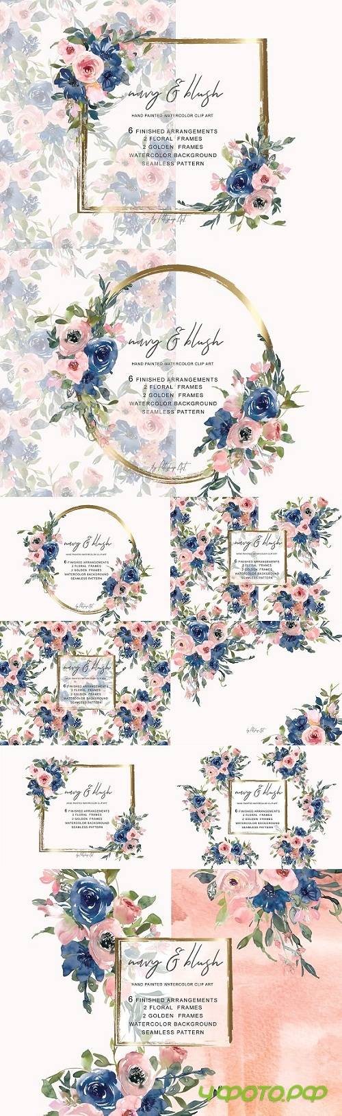 Watercolor Navy and Blush Floral Bou - 3520459