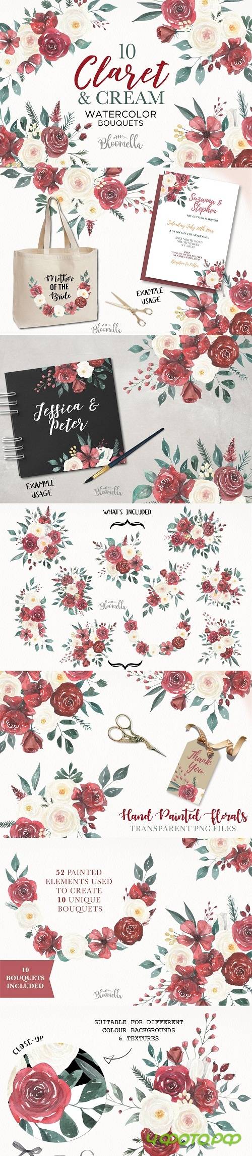 Watercolour Claret Deep Red Flowers - 3537698