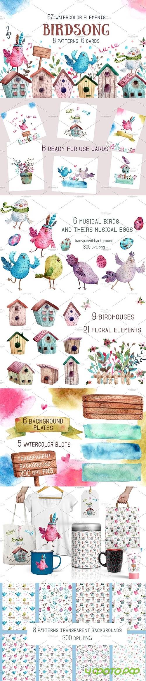 Birdsong - Watercolor Clip Art Set - 1392997