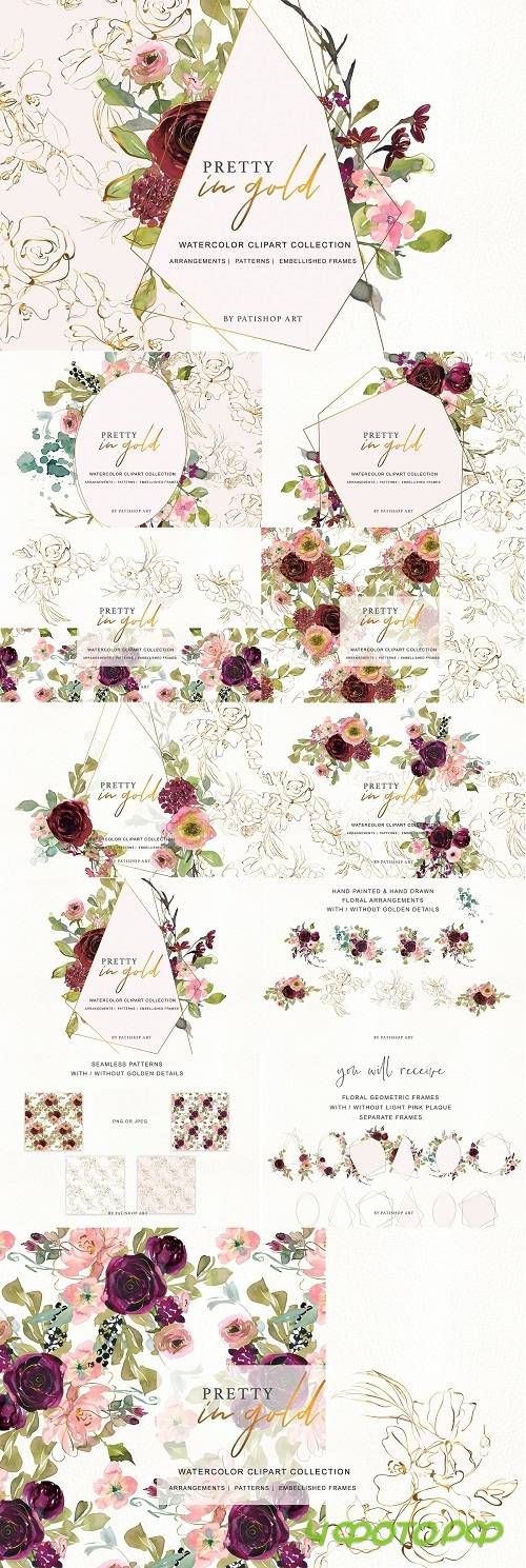 Watercolor Burgundy and Gold Flowers - 3563022