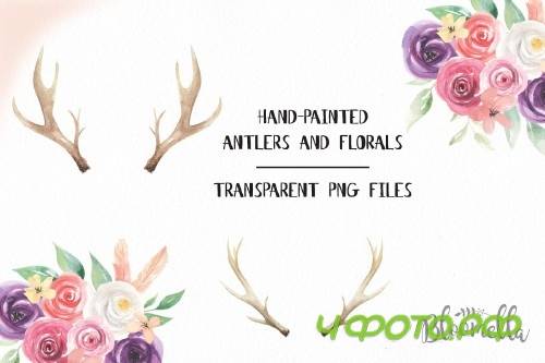 Watercolor Antlers Feather Flowers - 2319632
