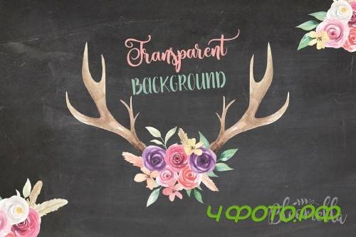 Watercolor Antlers Feather Flowers - 2319632