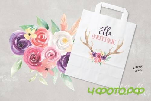 Watercolor Antlers Feather Flowers - 2319632