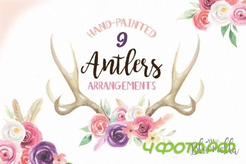Watercolor Antlers Feather Flowers - 2319632
