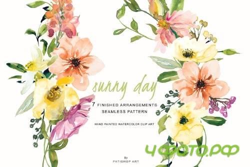 Watercolor Lemon & Peach Flowers Set - 2889914
