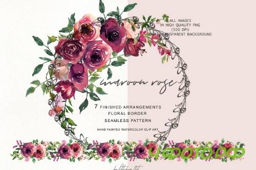 Watercolor Maroon Rose Clipart - 3036480