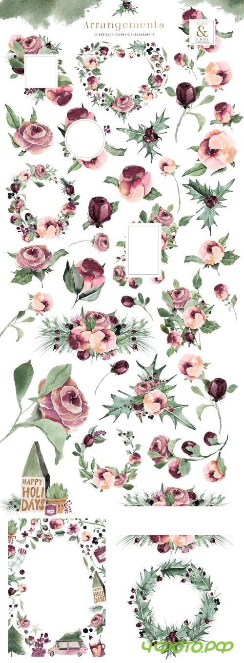 Plum Christmas Watercolor Clipart - 3120446