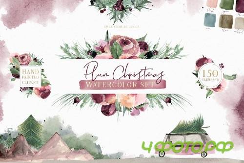 Plum Christmas Watercolor Clipart - 3120446