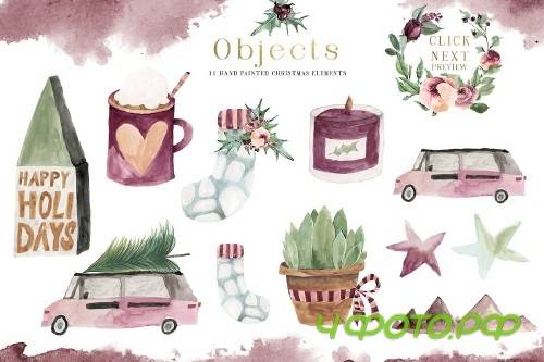 Plum Christmas Watercolor Clipart - 3120446