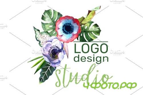 LOGO with tropical flowers Watercolor - 3727221