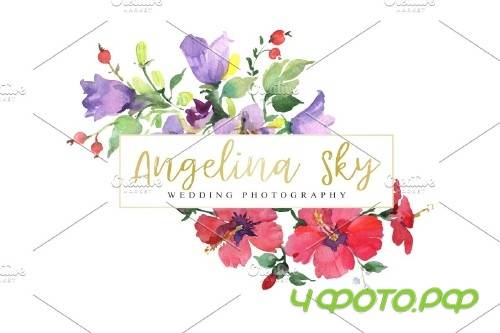 LOGO with red hibiscus and bluebells - 3727810