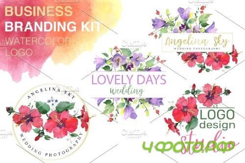 LOGO with red hibiscus and bluebells - 3727810
