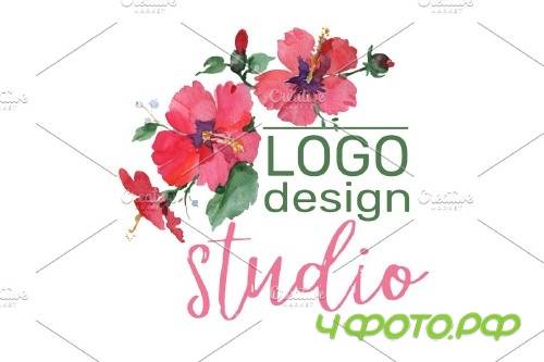 LOGO with red hibiscus and bluebells - 3727810