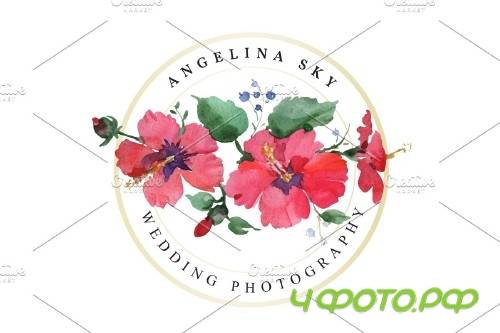 LOGO with red hibiscus and bluebells - 3727810