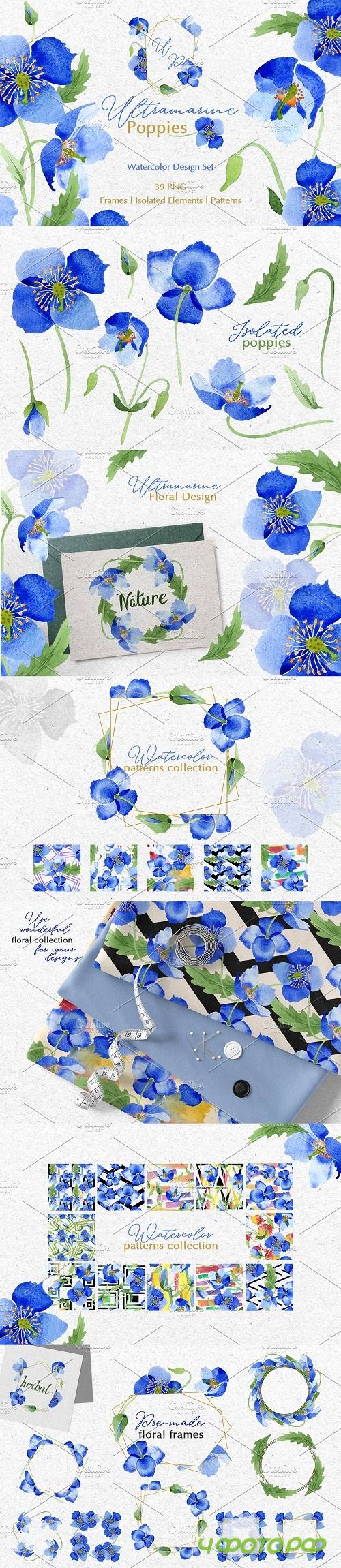 Ultramarine blue Poppies Watercolor - 3739115 Ultramarine blue Poppies Watercolor - 3739115