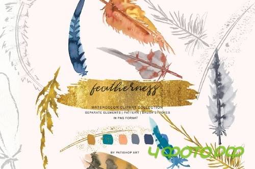 Watercolor & Gold Feather Clipart - 3736999