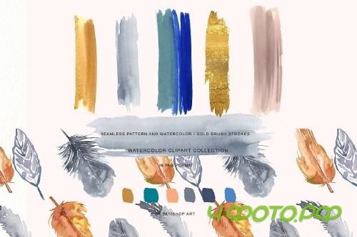 Watercolor & Gold Feather Clipart - 3736999