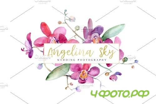 LOGO with pink orchids Watercolor PNG - 3741250