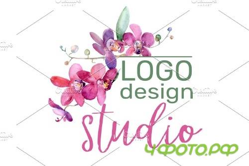 LOGO with pink orchids Watercolor PNG - 3741250