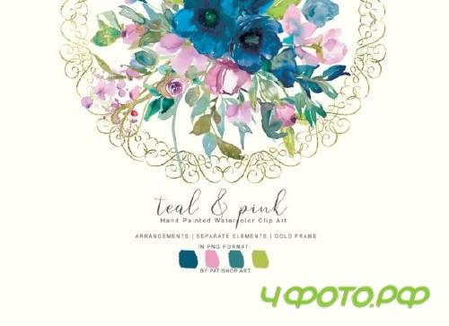 Watercolor Teal & Pink Flowers Clipart
