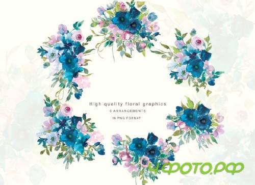 Watercolor Teal & Pink Flowers Clipart