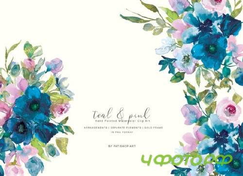 Watercolor Teal & Pink Flowers Clipart