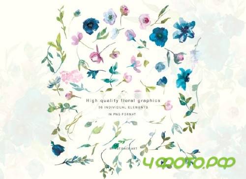Watercolor Teal & Pink Flowers Clipart