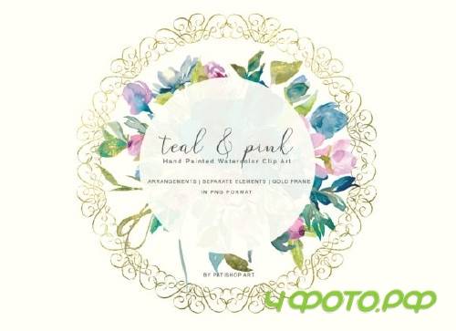 Watercolor Teal & Pink Flowers Clipart