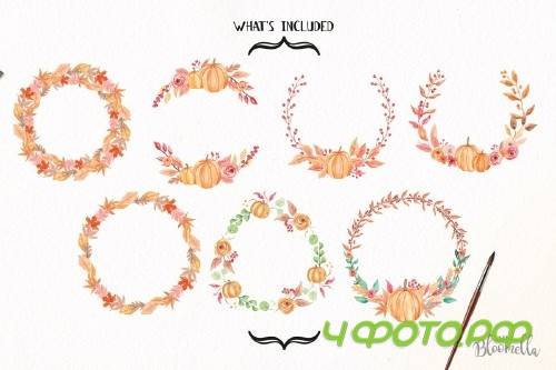 Pumpkin Watercolor Wreath Clipart - 2644403