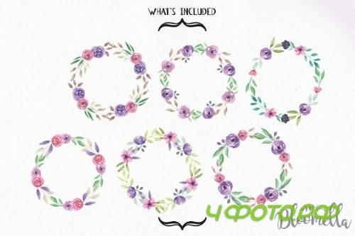 Watercolor Love Struck Clipart Wreaths Flowers Garlands Purple Floral - 100319