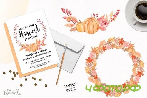 Pumpkin Watercolor Wreath Clipart - 2644403