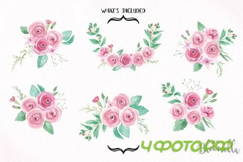 Pink Rose Bouquet Watercolor Set - 2639266