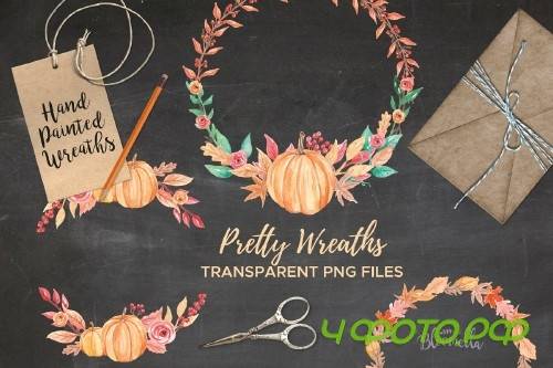 Pumpkin Watercolor Wreath Clipart - 2644403