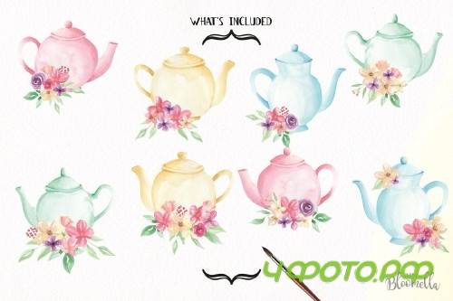 Watercolor Floral Teapot Wonderland - 2639340