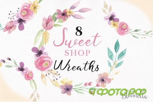 Watercolor Sweet Shop Clipart Wreaths Flowers Garlands Pastels Floral - 100267