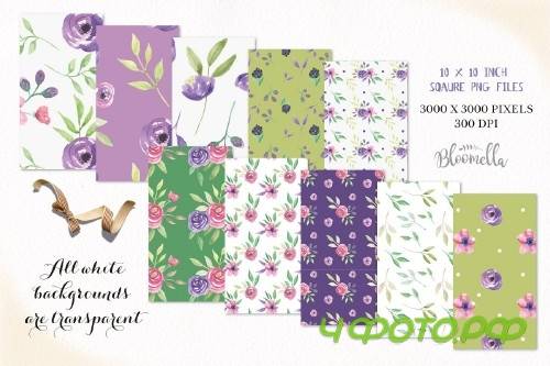 Watercolor Purple Flowers Floral Set - 2639223