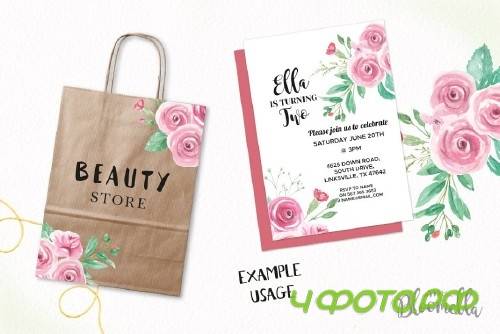 Pink Rose Bouquet Watercolor Set - 2639266