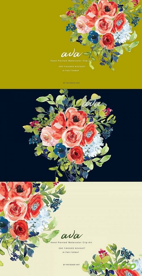 Watercolor Vintage Red and White Flower Clipart - 260408